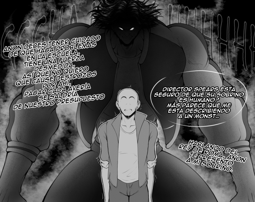 5_fingers anon_(snoot_game) bald clothed clothing comic crossover dialogue duo faceless_character faceless_human faceless_male fingers glowing glowing_eyes grin hair hi_res human human_only jacket letterman_jacket looking_down looking_down_at_another looming male mammal monochrome muscular muscular_human netardado not_furry pickle_(baki_the_grappler) shaking shirt size_difference smile smiling_at_another snoot_game spanish_text speech_bubble text topwear trembling