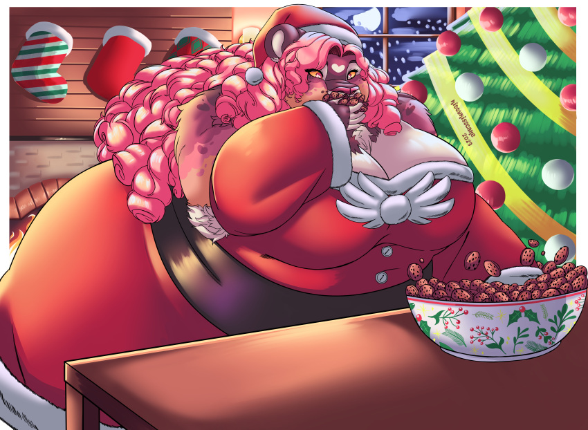 absurd_res anthro big_breasts bowl breasts christmas christmas_clothing christmas_decorations christmas_headwear christmas_tree clothed clothing container cookie curled_hair dress eating fat_fur felid feline female fireplace food furniture hair hat headgear headwear hi_res holidays kittykisscake lion long_hair mammal night obese obese_anthro obese_female overweight overweight_anthro overweight_female pantherine pink_eyes pink_hair pink_nose plant rin_(kittykisscake) santa_claus santa_hat snow snowing solo sphere table topwear tree yellow_esclera