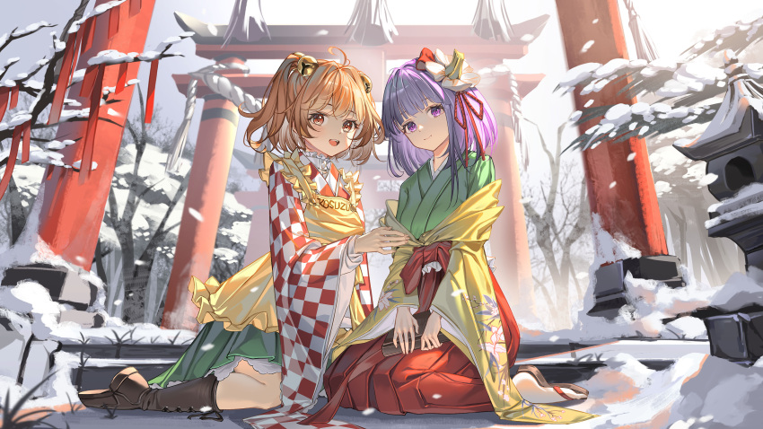 2girls absurdres al_guang apron bell blush boots brown_footwear checkered_clothes checkered_kimono chinese_commentary closed_mouth clothes_writing commentary day flower green_hakama green_kimono hair_bell hair_flower hair_ornament hakama hieda_no_akyuu highres japanese_clothes jingle_bell kimono motoori_kosuzu multiple_girls open_mouth orange_eyes orange_hair outdoors purple_eyes purple_hair red_hakama short_hair smile snow socks stone_lantern torii touhou two_side_up white_flower white_socks yellow_apron yellow_kimono