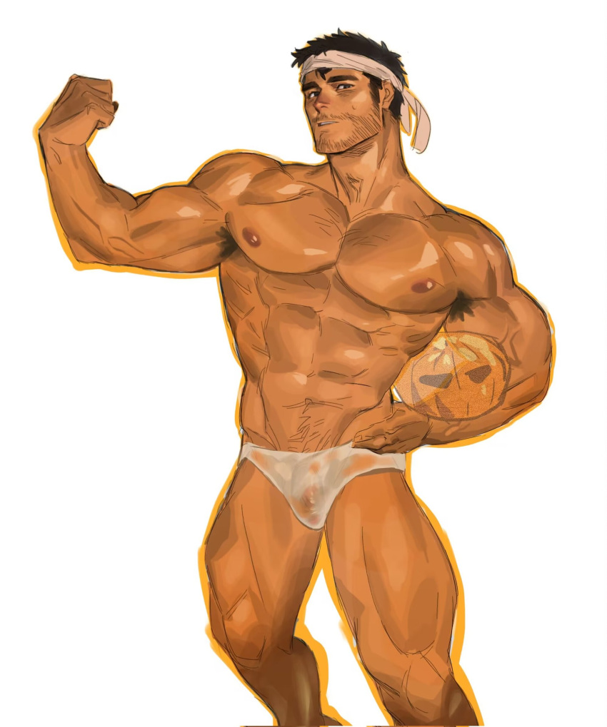 1boy abs armpit_hair armpit_hair_peek bara beard_stubble briefs bulge carrying carrying_under_arm feet_out_of_frame flexing head_tilt headband highres jack-o'-lantern large_pectorals looking_at_viewer male_focus male_underwear mature_male muscular muscular_male mustache_stubble muyu_(muyu824127) navel navel_hair nipples original pectorals penis penis_peek see-through short_hair solo sparse_chest_hair sparse_navel_hair standing stomach thick_eyebrows thick_thighs thighs topless_male underwear v-taper wet wet_clothes wet_male_underwear white_headband white_male_underwear