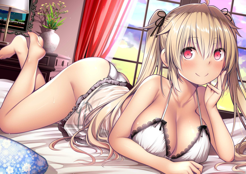 1girl ass babydoll barefoot bed black_ribbon blonde_hair blush breasts cleavage cloud curtains feet feet_up flower hair_ribbon highres indoors kantai_collection kuromayu lamp large_breasts legs long_hair looking_at_viewer lying murasame_(kancolle) on_bed on_stomach panties pillow red_eyes ribbon sidelocks sky smile soles solo sweat the_pose toes twintails underwear vase white_babydoll white_panties window yellow_flower