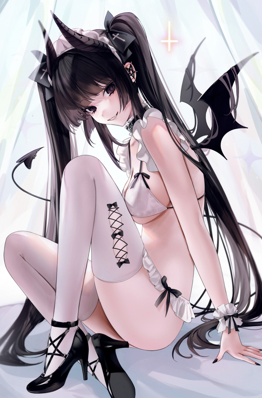 1girl bat_wings bikini black_bow black_choker black_eyes black_hair black_horns black_nails bow breasts choker cross demon_girl demon_horns demon_tail fangs frilled_hairband frilled_sleeves frills hair_bow hairband heart heart_choker high_heels highres horns inverted_cross inverted_pentagram knees_up large_breasts long_hair looking_at_viewer mole mole_under_eye nail_polish ompf original pentagram sitting smile solo string_bikini swimsuit tail thighhighs twintails underboob white_bikini white_thighhighs wings