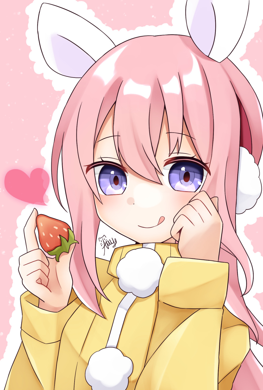 100_percent_orange_juice 1girl animal_ears blush earmuffs food fruit heart high_collar highres holding holding_food holding_fruit long_hair long_sleeves looking_at_viewer nico_(orange_juice) pink_hair pom_pom_(clothes) purple_eyes rabbit_ears rabbit_girl smile solo strawberry tongue tongue_out u_amy1207 upper_body