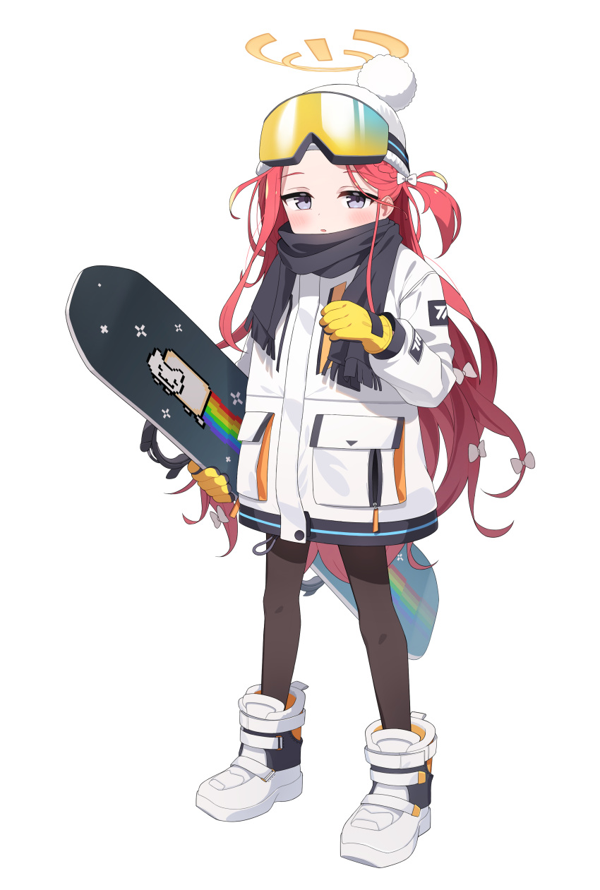 1girl absurdres black_pantyhose black_scarf blue_archive blush boots eyewear_on_head forehead fringe_trim full_body gloves hat highres jacket long_hair long_sleeves nyan_cat pantyhose parted_lips pom_pom_(clothes) purple_eyes red_hair safety_glasses scarf simple_background snowboard solo white_background white_footwear white_headwear white_jacket yellow_gloves yuzu_(blue_archive)