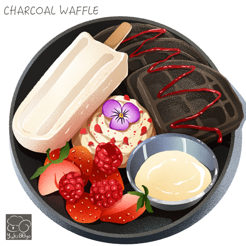 flower food food_focus fruit highres ice_cream no_humans original popsicle raspberry still_life strawberry strawberry_syrup waffle whipped_cream white_background yuki00yo