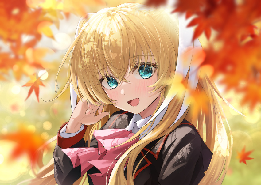 1girl :d aqua_eyes autumn autumn_leaves black_jacket blonde_hair blurry blush bow close-up commentary_request crossed_bangs dappled_sunlight day depth_of_field eyelashes fingernails from_side hair_between_eyes hair_ribbon hand_up happy highres jacket leaf little_busters! little_busters!_school_uniform long_hair long_ribbon long_sleeves looking_at_viewer maple_leaf open_mouth outdoors pink_bow ribbon school_uniform smile solo souyoru sunlight tokido_saya tsurime two_side_up upper_body white_ribbon