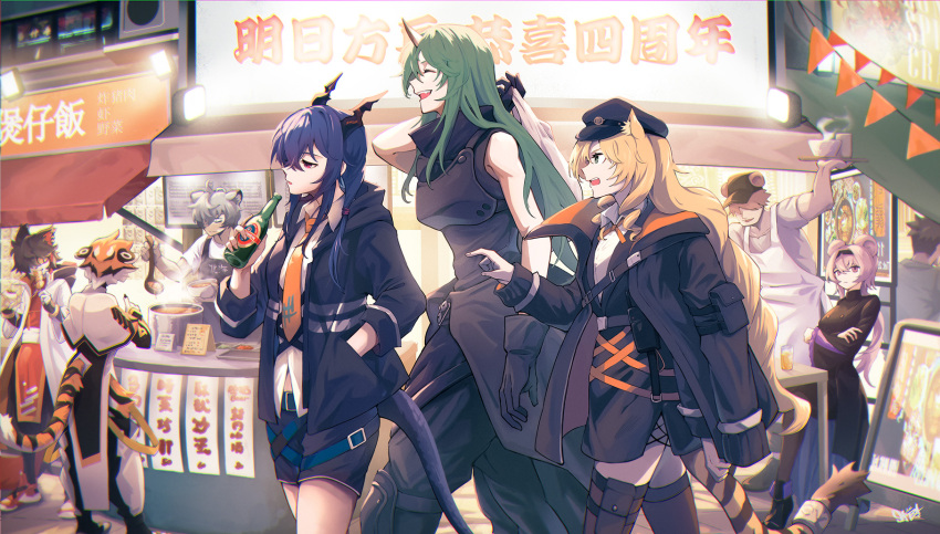 4boys 5girls aak_(arknights) animal_ear_fluff animal_ears annoyed apron arknights awning bear_boy bear_ears beer_bottle beret black_apron black_dress black_hair black_headwear black_jacket black_pants black_shirt black_shorts black_thighhighs blue_eyes blue_hair bottle bowl breasts brown_hair building capelet ch'en_(arknights) chinese_clothes coat collared_shirt commentary cooking_pot crossed_arms dragon_girl dragon_horns dress ears_through_headwear facing_away feet_out_of_frame furry furry_female furry_male green_hair grey_hair grey_shirt hair_over_one_eye hat highres holding holding_bottle holding_bowl holding_ladle hood hooded_coat horns hoshiguma_(arknights) jacket jaye_(arknights) ladle lin_(arknights) long_hair mixed-language_commentary mouse_ears mouse_girl multiple_boys multiple_girls necktie open_mouth orange_necktie outdoors pants parted_lips peppsi_(saba_sabasuk0) pink_hair red_eyes red_shirt shirt short_sleeves shorts sign single_horn sleeveless sleeveless_shirt string_of_flags striped_fur swire_(arknights) thighhighs waai_fu_(arknights) walking white_apron white_capelet white_coat white_pants white_shirt