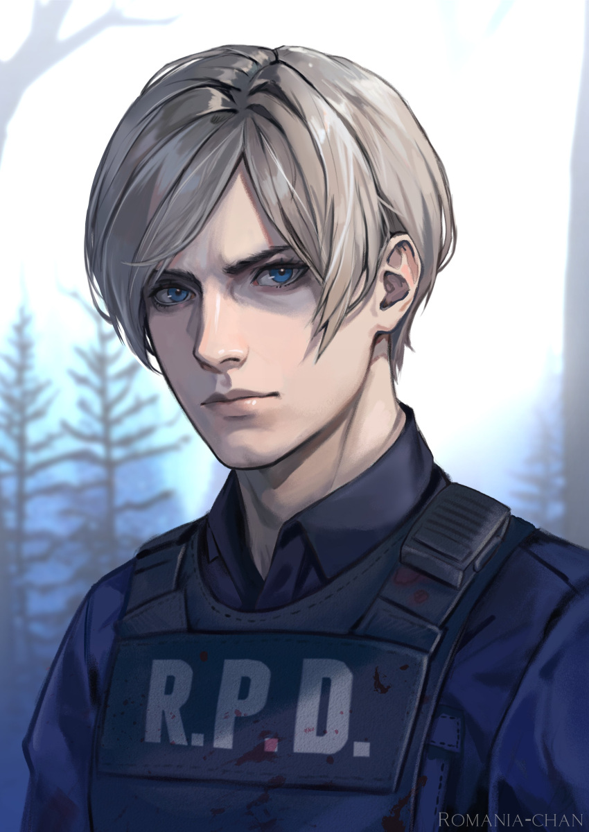 1boy absurdres bare_tree blood blood_on_clothes blue_eyes bulletproof_vest closed_mouth highres leon_s._kennedy light_brown_hair looking_at_viewer male_focus police police_uniform resident_evil resident_evil_4 romania-chan_(artist) short_hair solo tree uniform