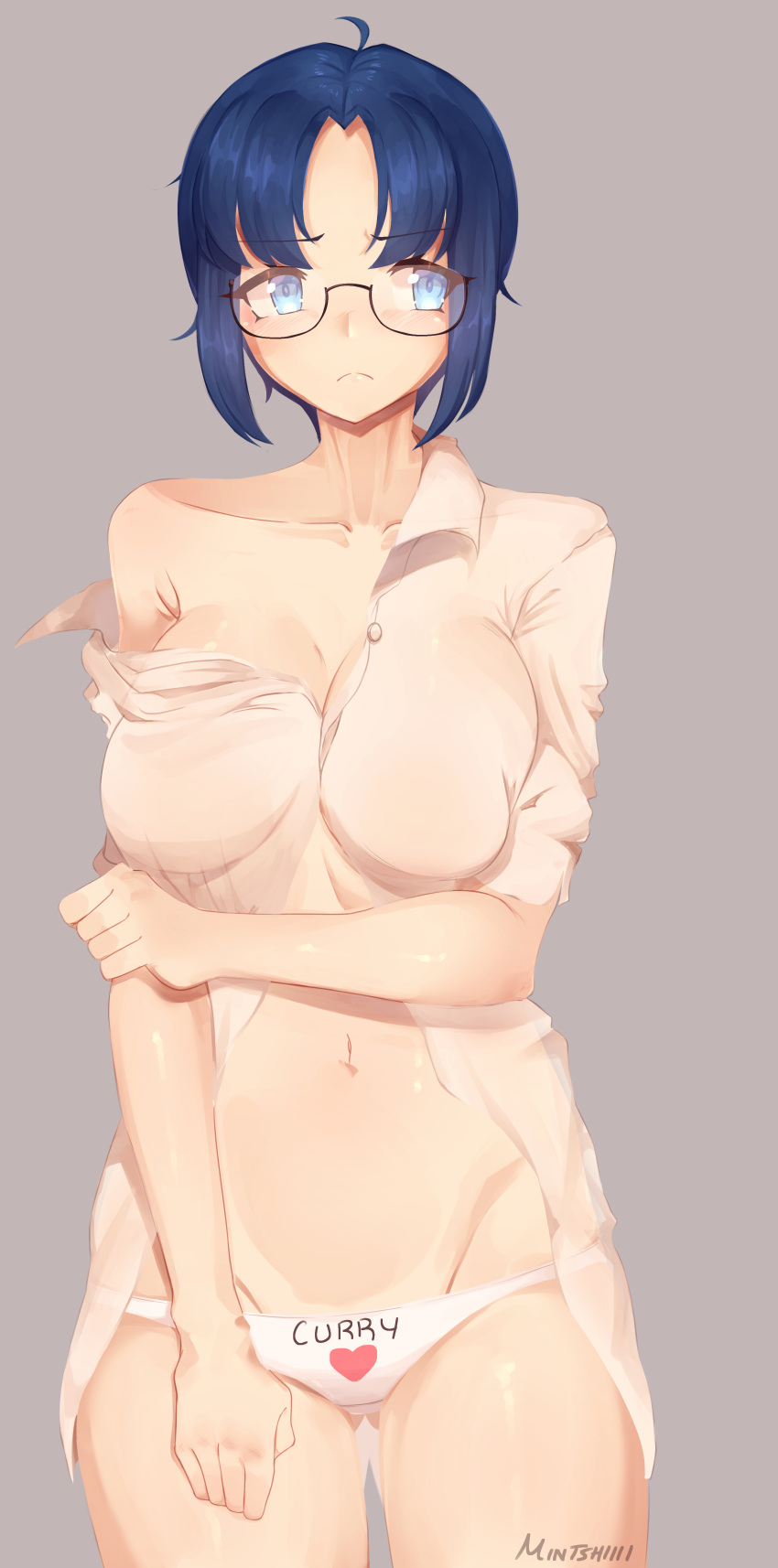 1girl absurdres ahoge artist_name ass_visible_through_thighs black-framed_eyewear blue_eyes blue_hair blush breasts ciel_(tsukihime) collarbone glasses grey_background groin heart highres large_breasts mintshiiii navel panties shirt short_hair sideways_glance signature simple_background single_bare_shoulder solo stomach tsukihime underwear white_panties white_shirt