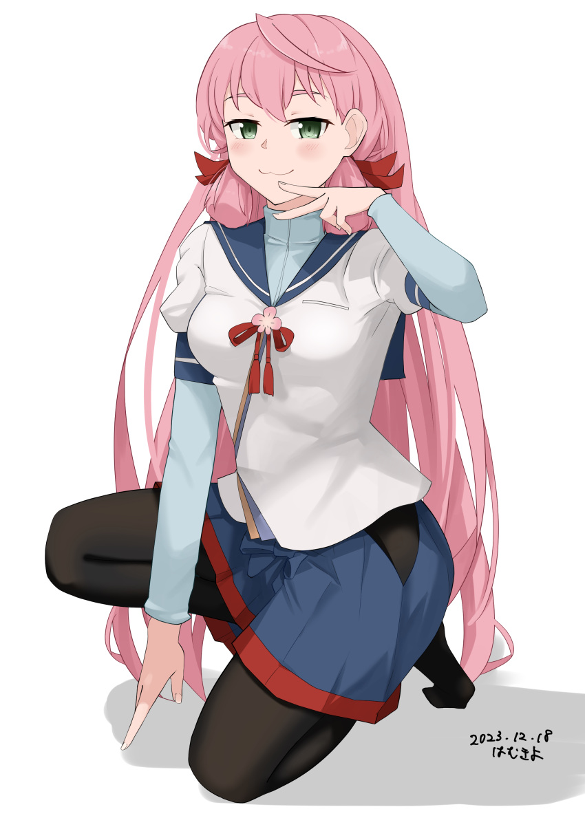 1girl :3 absurdres akashi_(kancolle) alternate_legwear artist_name black_pantyhose blue_eyes blunt_tresses closed_mouth commentary_request dated hair_between_eyes hair_ribbon hamukiyo head_rest highres kantai_collection layered_sleeves long_hair long_sleeves looking_at_viewer on_one_knee pantyhose ribbon shirt simple_background smile solo tress_ribbon very_long_hair white_background white_shirt