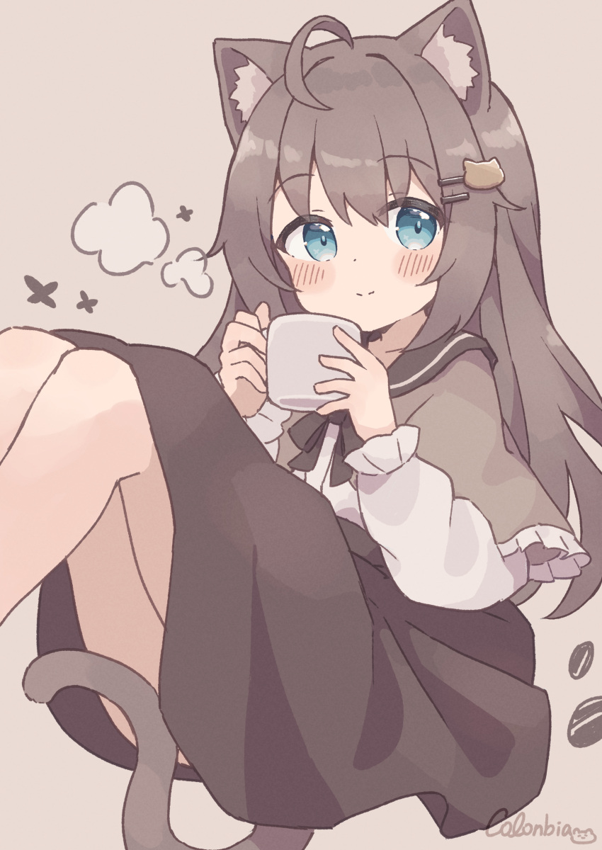 1girl absurdres ahoge animal_ears bare_legs blue_eyes blush brown_background brown_capelet brown_sailor_collar brown_skirt capelet cat_ears cat_girl cat_hair_ornament cat_tail coffee_beans colon_br commentary_request cup hair_ornament highres holding holding_cup knees_up long_hair long_sleeves looking_at_viewer original sailor_collar shirt sidelocks signature simple_background skirt smile solo tail visible_air white_shirt
