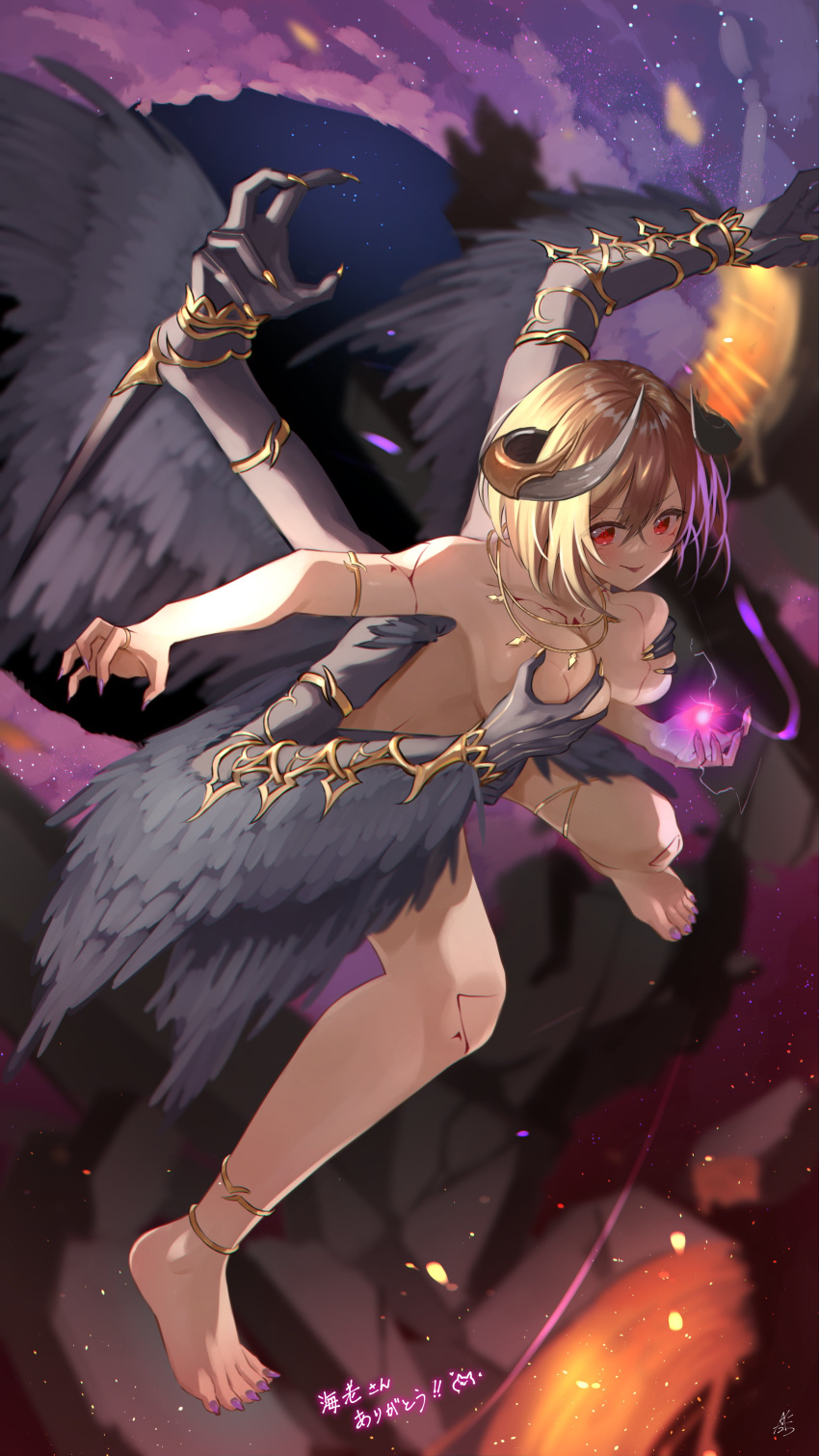 1girl absurdres anklet aogiri_koukou armlet black_wings body_markings breasts brown_hair covering_breasts covering_privates extra_arms fingernails gold_nails gold_necklace hair_between_eyes highres horns jewelry kkix25 kurikoma_komaru large_breasts magic nail_polish necklace night night_sky nude purple_nails red_eyes ring sharp_fingernails short_hair signature sky solo thighlet toenail_polish toenails tongue virtual_youtuber wings