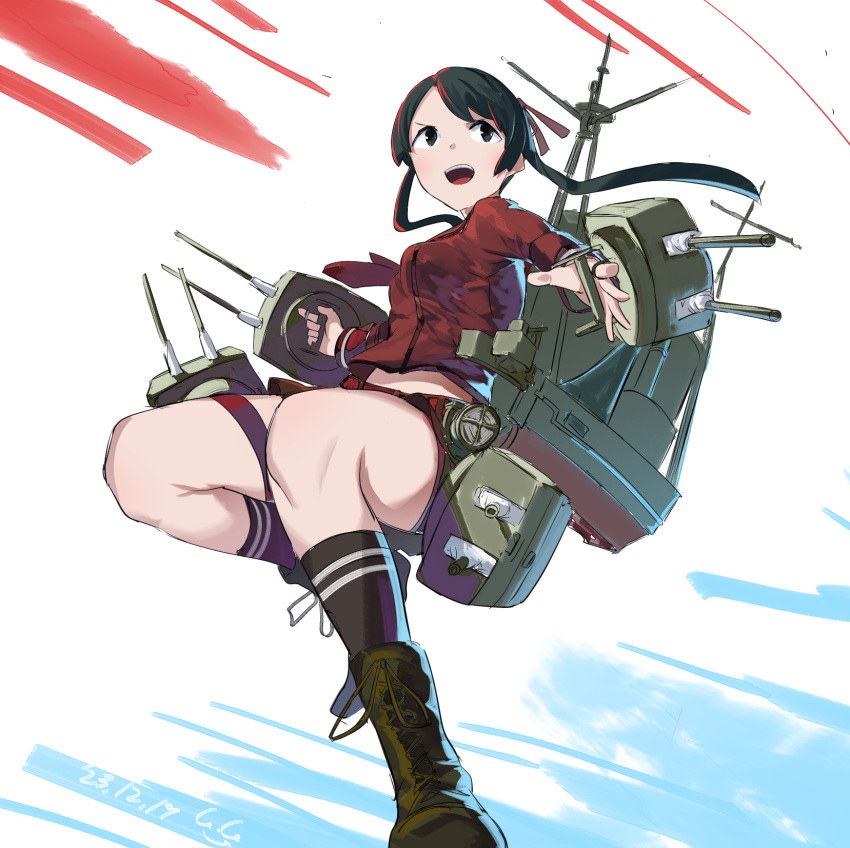 1girl adapted_turret black_hair blush breasts brown_neckerchief brown_sailor_collar brown_serafuku brown_skirt cannon full_body gegeron green_eyes hair_ribbon highres kantai_collection long_hair long_sleeves machinery mikuma_(kancolle) neckerchief open_mouth pleated_skirt ribbon rigging sailor_collar school_uniform searchlight serafuku signature skirt small_breasts smile smokestack solo torpedo torpedo_launcher turret twintails white_background