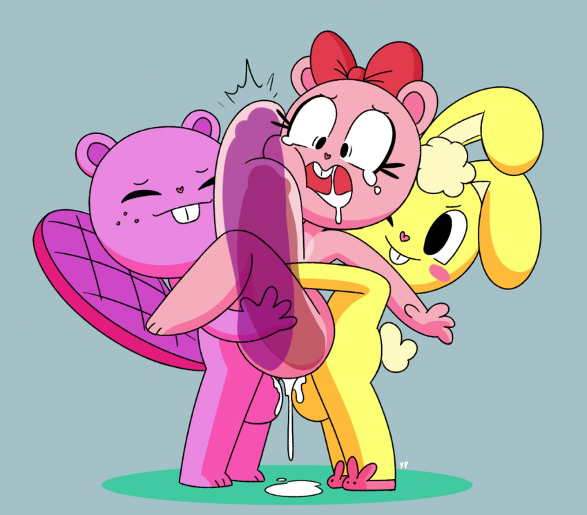 abdominal_bulge anthro big_penis bodily_fluids crying cuddles_(htf) cum cum_drip cum_inside dripping female genital_fluids genitals giggles_(htf) group happy_tree_friends huge_penis hyper hyper_genitalia hyper_penis male penis sex tears toothy_(htf) x-ray_vision yopy