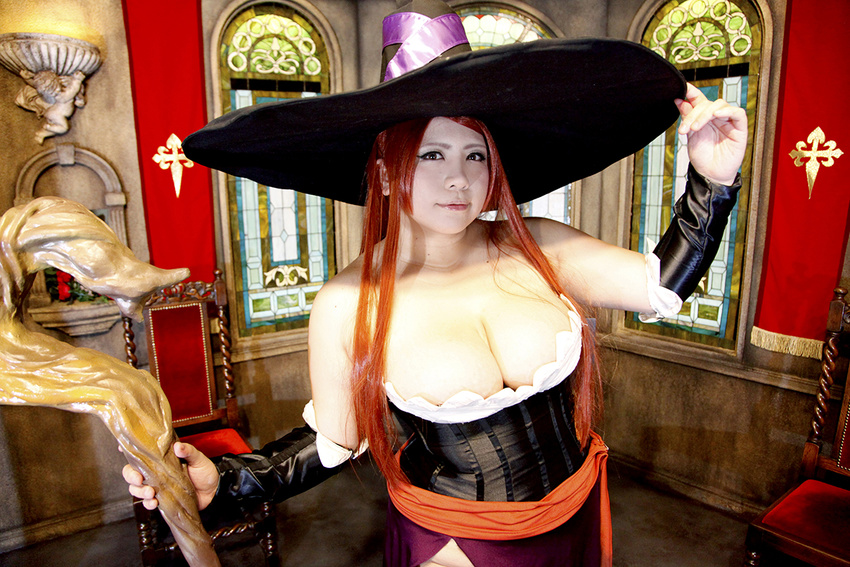 1girl asian breasts chouzuki_maryou cosplay dragon's_crown dragon's_crown hat hips large_breasts photo plump red_hair red_upholstery solo sorceress sorceress_(dragon's_crown) sorceress_(dragon's_crown)_(cosplay) sorceress_(dragon's_crown) sorceress_(dragon's_crown)_(cosplay) staff stained_glass thick_thighs thighs wide_hips witch_hat