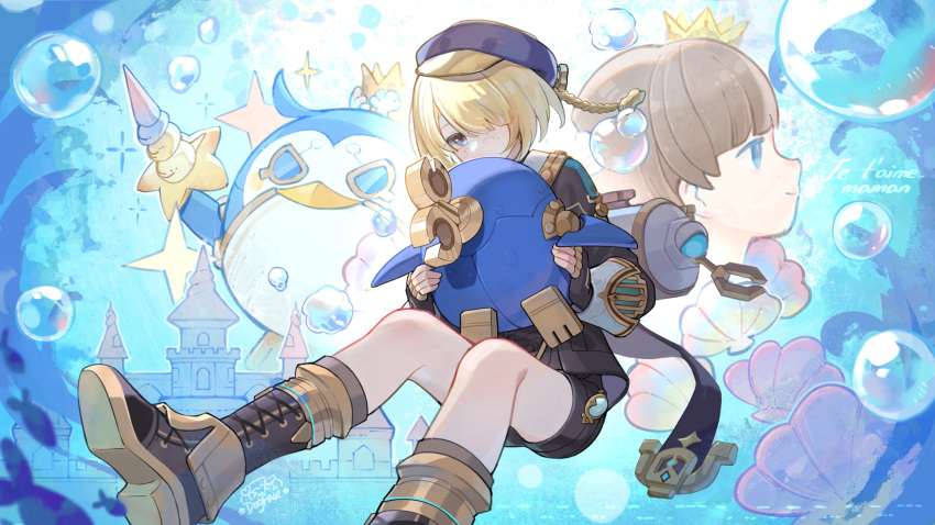2boys air_bubble arm_up artist_name beret black_footwear black_gloves black_headwear black_jacket black_shorts blonde_hair blue_eyes boots brown_hair bubble castle clam closed_mouth commentary_request covered_mouth cross-laced_footwear crown fingerless_gloves fish freckles freminet_(genshin_impact) genshin_impact gloves gold_trim gou_lianlian_dogface hair_over_one_eye hands_up hat highres holding holding_sword holding_weapon jacket lace-up_boots lescot_destree long_sleeves looking_at_viewer male_focus multiple_boys non-humanoid_robot one_eye_covered parted_bangs profile robot robot_animal school_of_fish short_hair short_shorts shorts sleeve_cuffs smile sword thelxie_(genshin_impact) underwater vision_(genshin_impact) water weapon