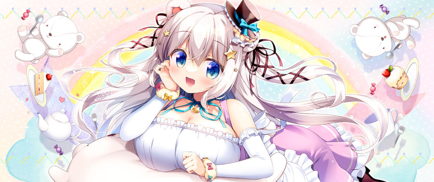 1girl :d animal_ears bear_ears black_headwear blue_bow blue_eyes bow breasts brown_ribbon cake cake_slice cleavage commentary_request detached_sleeves fang food frilled_shirt frilled_skirt frilled_sleeves frills fruit fur-trimmed_sleeves fur_trim hair_between_eyes hair_ornament hair_ribbon hand_up hat hat_bow large_breasts long_hair long_sleeves looking_at_viewer mini_hat mini_top_hat original pink_skirt plate ribbon sasai_saji shirt skirt smile solo spoon star_(symbol) star_hair_ornament strawberry stuffed_animal stuffed_toy teddy_bear tilted_headwear top_hat two_side_up very_long_hair white_hair white_shirt white_sleeves
