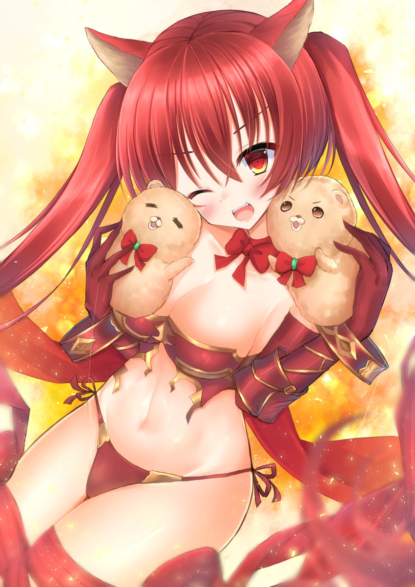 1girl ;d absurdres animal_ears bow breasts brown_eyes cerberus cerberus_(shingeki_no_bahamut) cleavage commentary_request cowboy_shot dot_nose elbow_gloves gloves gold_trim granblue_fantasy groin head_tilt highres hug legs_together long_hair medium_breasts navel one_eye_closed open_mouth panties puppet red_bow red_eyes red_gloves red_ribbon ribbon shiinyan shingeki_no_bahamut smile solo sparkle string_panties teeth twintails underwear upper_teeth_only v-shaped_eyebrows