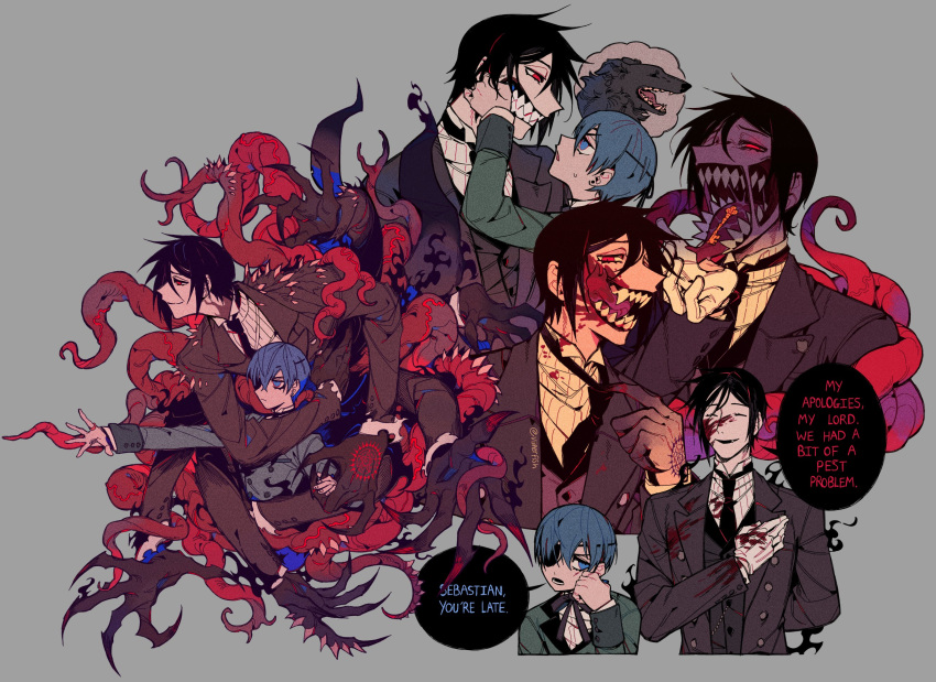 2boys ^_^ adjusting_clothes adjusting_necktie arm_around_neck arm_behind_back artist_name black_hair black_jacket black_necktie black_ribbon black_vest blood blood_on_clothes blood_on_face blood_on_hands blue_eyes blue_hair buttons ciel_phantomhive claws closed_eyes closed_mouth collared_shirt colored_skin commentary demon_boy double-breasted earrings elbow_rest english_commentary english_text expressionless extra_arms eye_contact eyepatch fang film_grain finger_in_another's_mouth fingernails forked_tongue formal from_side frown glasgow_smile gloves glowing glowing_eyes gradient_skin grey_background grey_skin hair_between_eyes half-closed_eyes hand_on_own_cheek hand_on_own_chest hand_on_own_face hand_tattoo highres holding_hands jacket jewelry jitome key kuroshitsuji lapels large_hands licking_blood licking_own_face long_fingernails long_sleeves long_tongue looking_ahead looking_at_another looking_at_viewer looking_to_the_side male_focus monster_boy monsterification mouth_pull multicolored_skin multiple_boys multiple_views neck_ribbon necktie notched_lapels open_clothes open_jacket open_mouth outstretched_arm pentagram red_eyes ribbon ring saliva sebastian_michaelis sharp_fingernails sharp_teeth shirt short_hair sideways_glance sideways_mouth simple_background sleeve_cuffs slit_pupils smile speech_bubble suit sweat tattoo teeth tentacles thought_bubble tongue tongue_out twitter_username veins veiny_tentacles very_long_fingernails very_long_tongue vest viiperfish white_gloves white_shirt wing_collar wolf