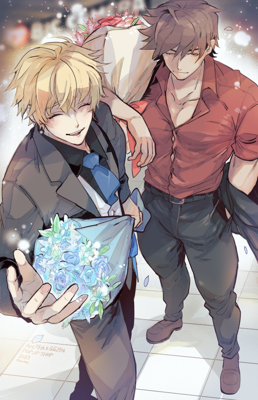 1_ssmk 2023 2boys anniversary belt blue_flower blue_rose bouquet buttons closed_eyes collarbone english_text flower formal guilty_gear guilty_gear_strive highres ky_kiske male_focus multiple_boys necktie one_eye_closed pants pectorals red_flower red_rose rose short_hair signature sol_badguy suit tower_records