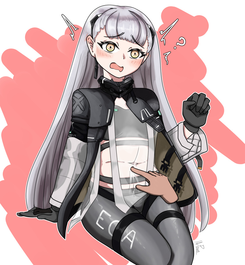 1girl ? ^^^ absurdres ak-alfa_(girls'_frontline) black_jacket blush covered_navel dress girls'_frontline gloves headgear highres invisible_chair jacket long_hair open_mouth orange_eyes pantyhose see-through see-through_dress signature sitting surprised white_hair