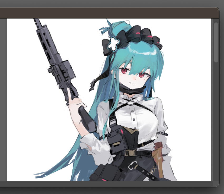 1girl art_program_in_frame assault_rifle astg black_bow black_mask blue_hair bow ear_piercing girls'_frontline gun hair_bow holding holding_gun holding_weapon long_hair looking_at_viewer mask mask_pull mole mole_under_eye mouth_mask piercing ponytail red_eyes rifle scr_(girls'_frontline) shirt simple_background solo weapon white_background white_shirt