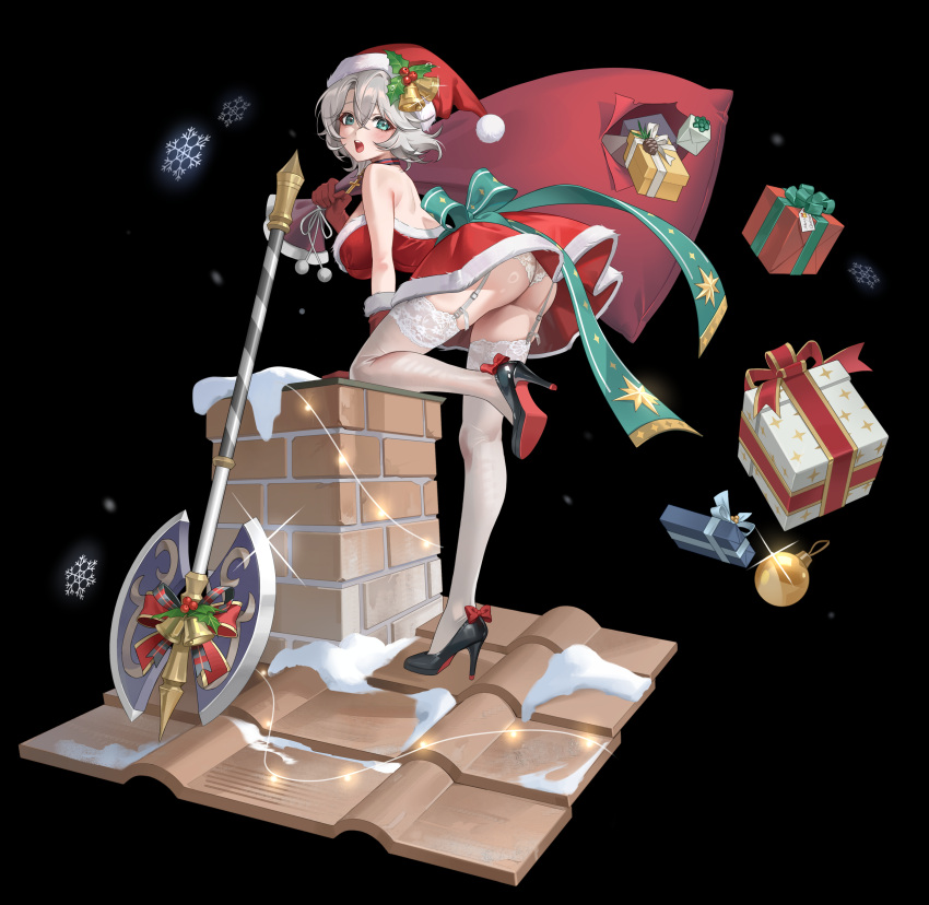 absurdres ass axe bag black_background blue_eyes box breasts brown_dust_2 chimney christmas_ornaments cross cross_necklace dress footwear_ribbon from_side garter_belt gift gift_box hair_between_eyes hat hat_ornament high_heels highres holding holding_bag hole jewelry jyuma large_breasts looking_at_viewer mittens necklace open_mouth panicking red_bag red_mittens ribbon santa_costume santa_dress santa_hat short_hair snow snowflakes standing standing_on_one_leg strapless strapless_dress teresse_(brown_dust) thighhighs tile_roof white_thighhighs