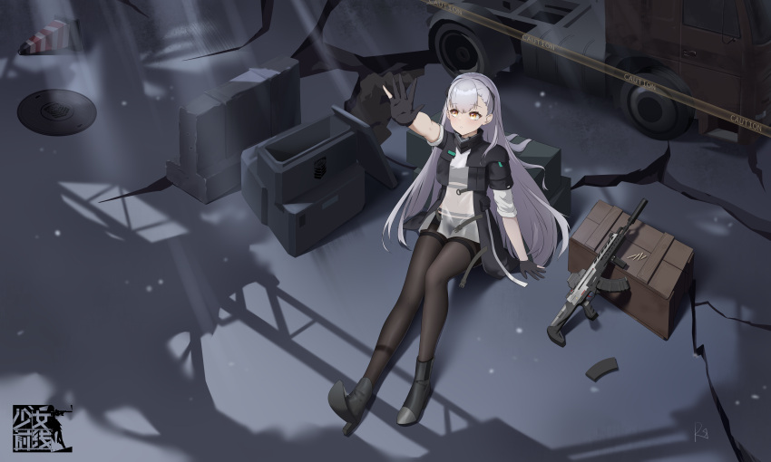 1girl absurdres ak-alfa_(girls'_frontline) black_jacket covered_navel dress gan_gan girls'_frontline girls'_frontline_2:_exilium gloves gun headgear highres incredibly_absurdres jacket long_hair open_clothes open_jacket orange_eyes outstretched_arm pantyhose partially_fingerless_gloves reaching see-through see-through_dress sitting weapon white_hair