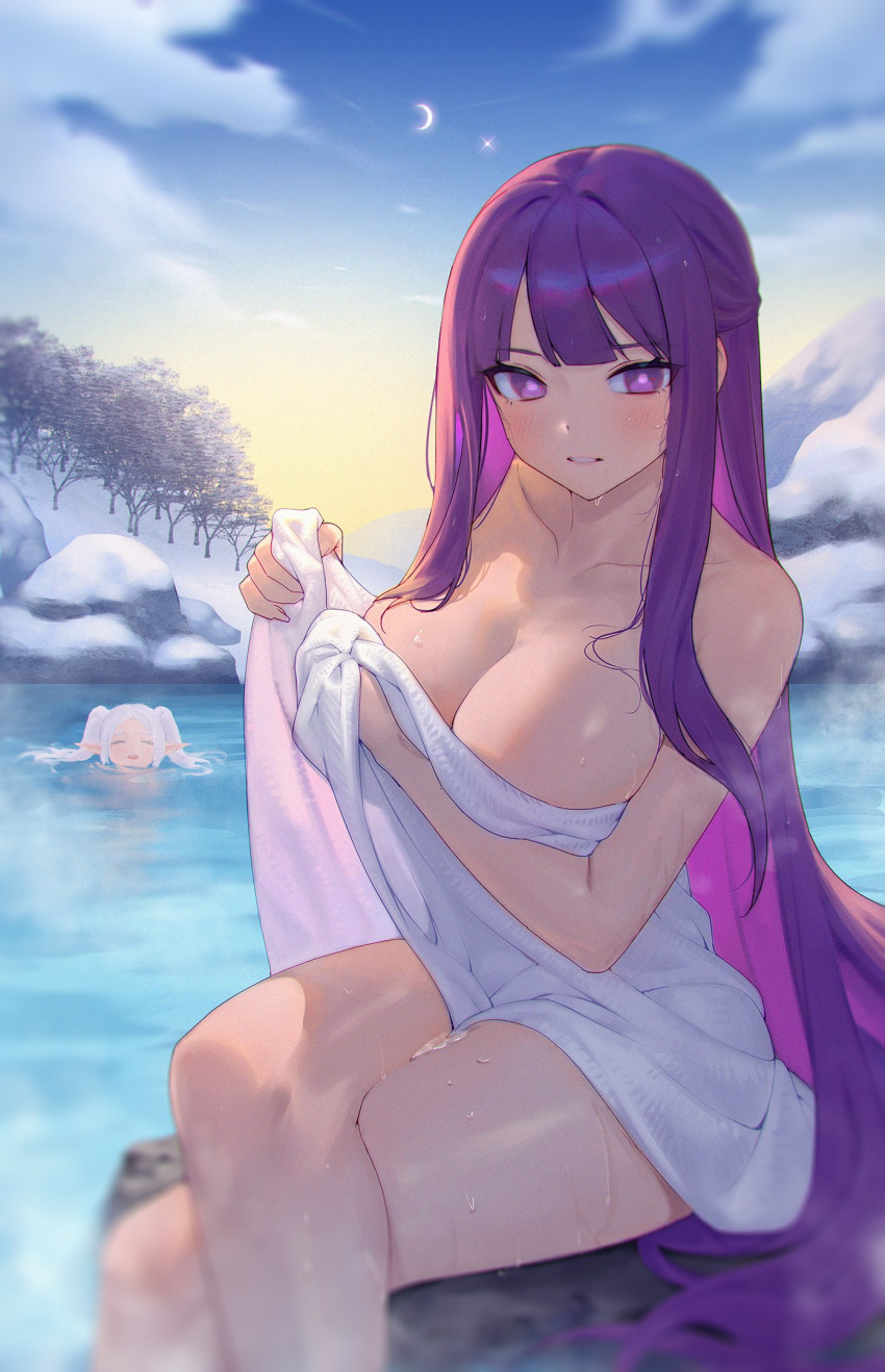 2girls ^_^ bare_arms bare_shoulders blue_sky breasts bright_pupils cleavage closed_eyes cloud commentary crescent_moon crossed_legs feet_out_of_frame fern_(sousou_no_frieren) frieren highres large_breasts looking_at_viewer moon multiple_girls naked_towel outdoors pointy_ears purple_eyes purple_hair sitting siun sky snow sousou_no_frieren thighs towel twintails water white_hair