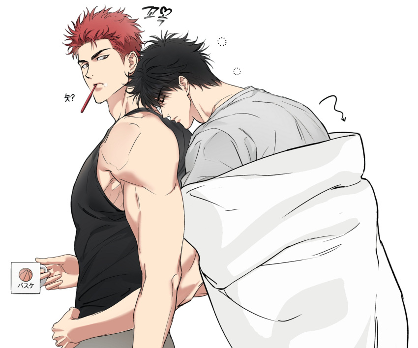2boys black_eyes black_hair closed_eyes closed_mouth couple cup hands_on_another's_waist highres holding holding_cup hug hug_from_behind korean_commentary korean_text looking_back male_focus multiple_boys no11xno10 pectorals red_hair rukawa_kaede sakuragi_hanamichi short_hair sidepec simple_background slam_dunk_(series) sleep_bubble sleepy toned toned_male toothbrush_in_mouth translation_request under_covers upper_body white_background yaoi