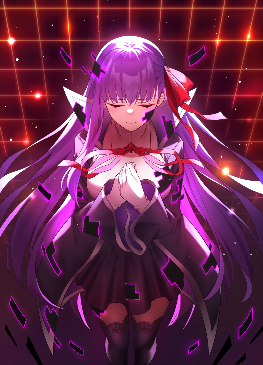 1girl absurdres bb_(fate) bb_(fate/extra) black_skirt black_thighhighs breasts checkered_background closed_eyes digital_dissolve fate/extra fate/extra_ccc fate_(series) gloves hair_ribbon highres large_breasts long_hair own_hands_together purple_hair ribbon sano_jinya skirt smile thighhighs very_long_hair white_gloves