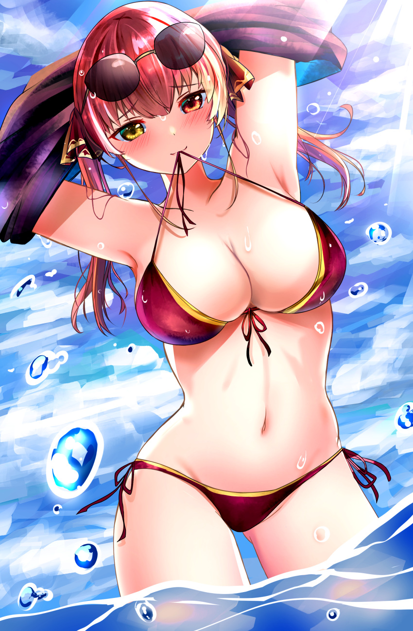 1girl absurdres arms_up ass_visible_through_thighs bikini bikini_in_mouth blush bow breasts cleavage closed_mouth clothes_in_mouth commentary cowboy_shot curvy eyelashes eyewear_on_head front-tie_bikini_top front-tie_top groin hair_between_eyes hair_bow halterneck heterochromia highres hololive houshou_marine izumikuu large_breasts lips long_hair looking_at_viewer midriff navel no_headwear red_bikini red_bow red_eyes red_hair side-tie_bikini_bottom simple_background skindentation smile solo standing stomach sunglasses sunlight swimsuit tsurime twintails variant_set virtual_youtuber wading water water_drop wet wet_hair yellow_eyes