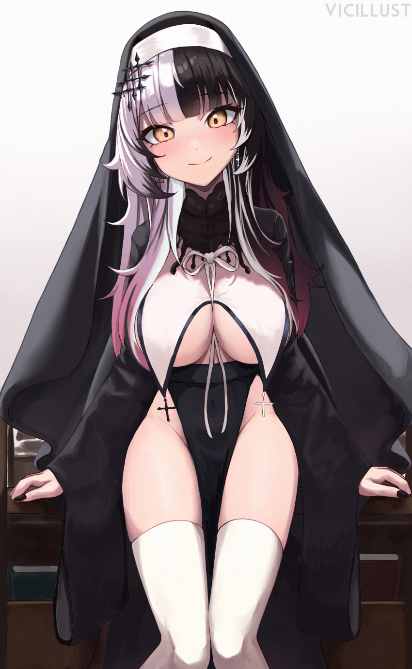 1girl absurdres alternate_costume artist_name black_hair black_nails blush breast_curtains breasts closed_mouth coif cross cross_earrings earrings fingernails grey_hair hair_ornament head_tilt highres hololive hololive_english jewelry large_breasts long_hair long_sleeves looking_at_viewer multicolored_hair nail_polish nun pelvic_curtain revealing_clothes ribbon shiori_novella shrug_(clothing) simple_background smile solo split-color_hair thighhighs two-tone_hair vicarious virtual_youtuber white_background white_ribbon white_thighhighs wide_sleeves yellow_eyes