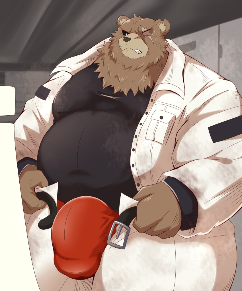 2023 absurd_res anthro bear belly belt ben_(zenless_zone_zero) big_bulge black_clothing black_sclera black_shirt black_topwear bottomwear brown_body bulge chocobo4869 clothing eye_scar facial_scar frustrated genital_outline hi_res jacket kemono locker_room male mammal mihoyo notched_ear overweight overweight_male pants penis_outline red_clothing red_underwear scar shirt solo tight_bottomwear tight_clothing topwear underwear white_bottomwear white_clothing white_jacket white_pants white_topwear zenless_zone_zero