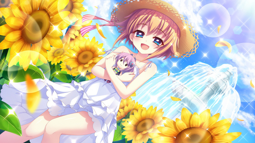 1girl bare_arms bare_shoulders blue_eyes blue_sky character_doll cloud collarbone day dot_nose dress dutch_angle falling_petals film_grain flower fountain game_cg hat hat_ribbon hugging_doll hugging_object izumi_tsubasu lens_flare looking_at_viewer non-circular_lens_flare non-web_source official_art open_mouth orange_hair outdoors petals purple_ribbon re:stage! ribbon shikimiya_mana short_hair sidelocks sky smile solo spaghetti_strap sparkle strap_slip straw_hat striped_ribbon sundress sunflower tsukisaka_sayu white_dress