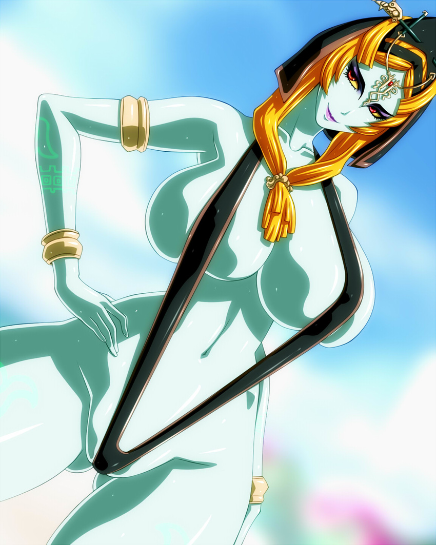 1girl 286c blue_lipstick blue_skin breasts dutch_angle female hood huge_breasts large_breasts lipstick makeup midna midna_(true) nintendo orange_hair sling_bikini solo spoilers swimsuit the_legend_of_zelda the_legend_of_zelda:_twilight_princess twili_midna twilight_princess