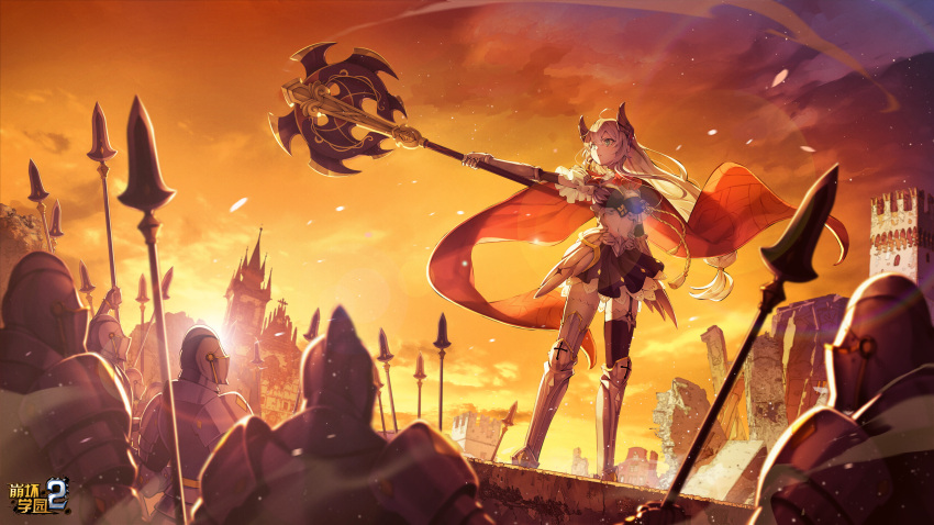 1girl ahoge axe benghuai_xueyuan blue_eyes breasts building cleavage copyright_name hair_ornament highres holding holding_axe holding_weapon honkai_(series) kallen_kaslana knight logo long_hair navel official_art outdoors polearm second-party_source soldier spear weapon white_hair