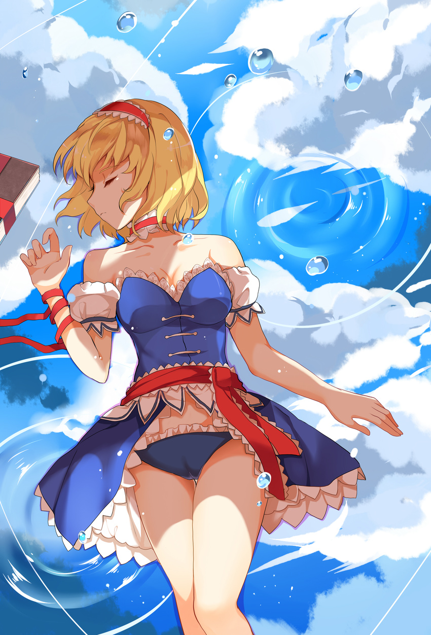 absurdres adapted_costume alice_margatroid arm_cuffs bare_shoulders blonde_hair blue_dress blue_panties book breasts bubble cameltoe choker cleavage cloud collarbone dress greetload grimoire hairband highres legs lying medium_breasts on_back panties reflection ribbon ripples short_hair sleeping sunlight thighs touhou underwear water