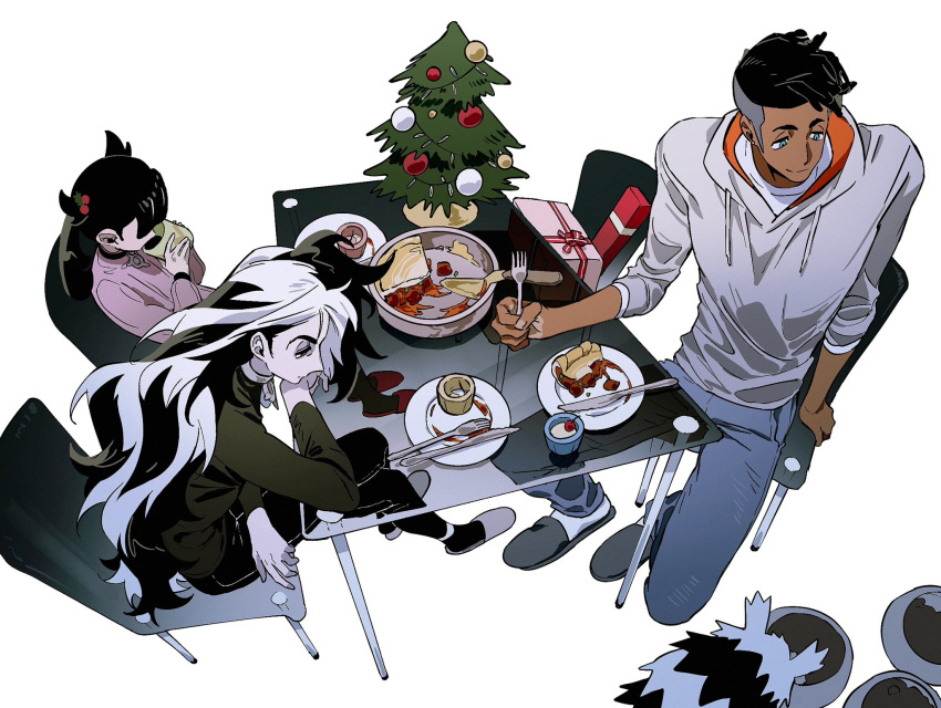 1girl 2boys black_hair bowl box chair cherry christmas commentary_request cup dark-skinned_male dark_skin drinking food fork fruit galarian_zigzagoon gift gift_box grey_footwear highres holding holding_cup holding_fork hood hoodie knife marnie_(pokemon) molymes multicolored_hair multiple_boys pants pet_bowl pie piers_(pokemon) plate pokemon pokemon_(creature) pokemon_swsh raihan_(pokemon) short_hair sitting slippers table tassel two-tone_hair undercut white_hair