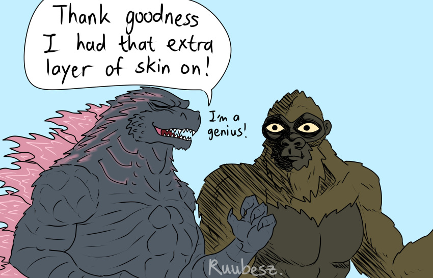 disgusted_face disturbed duo english_text eyes_closed feral fur glowing godzilla godzilla_(series) hi_res king_kong male ruubeszdraws scales simple_background spikes spikes_(anatomy) text toho