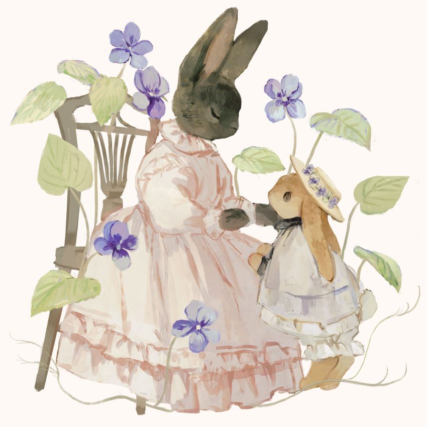 2girls animal animal_focus barefoot black_rabbit_(animal) blue_flower cat chair closed_eyes closed_mouth clothed_animal dress flower frilled_dress frilled_shirt_collar frills hat hat_flower hat_ribbon highres layered_dress long_dress long_sleeves multiple_girls no_humans original pink_dress puffy_long_sleeves puffy_sleeves rabbit ribbon simple_background sitting straw_hat tono_(rt0no) white_background