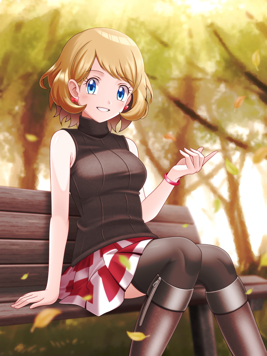 1girl absurdres bench blonde_hair blue_eyes blush boots bracelet breasts brown_footwear commentary_request day earrings eyelashes falling_leaves grin highres jewelry knee_boots leaf looking_at_viewer medium_hair outdoors pleated_skirt pokemon pokemon_(anime) pokemon_journeys red_skirt serena_(pokemon) sitting skirt smile solo sweater_vest teeth thighhighs zeki231