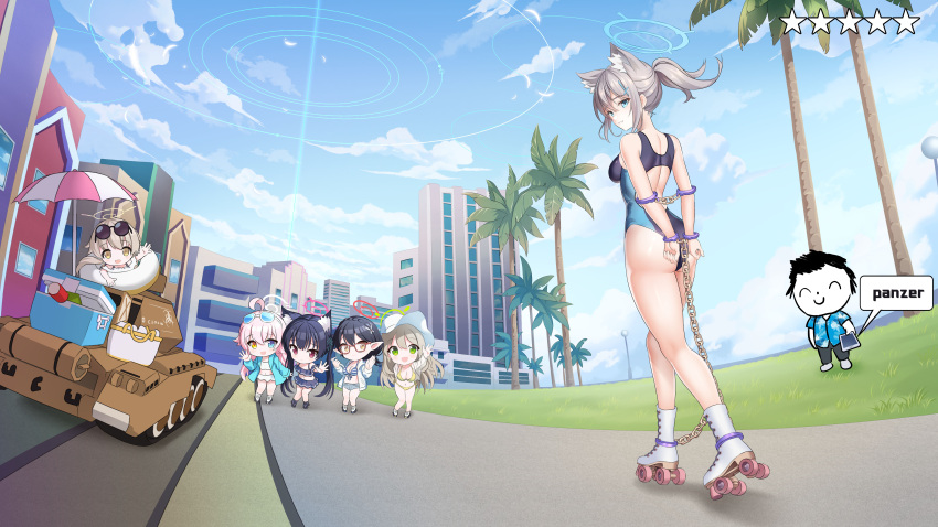 6+girls absurdres animal_ear_fluff animal_ears ass ayane_(blue_archive) ayane_(swimsuit)_(blue_archive) black_one-piece_swimsuit blue_archive blue_eyes blue_sky breasts building chain chibi chibi_inset chinese_commentary cloud commentary_request competition_swimsuit cooler cosplay cross_hair_ornament cuffs day doodle_sensei_(blue_archive) extra_ears fisheye foreclosure_task_force_(blue_archive) from_behind grand_theft_auto grand_theft_auto:_vice_city grand_theft_auto_vi grey_hair hair_ornament halo handcuffs hifumi_(blue_archive) hifumi_(swimsuit)_(blue_archive) highres hoshino_(blue_archive) hoshino_(swimsuit)_(blue_archive) looking_at_viewer low_ponytail medium_breasts medium_hair military_vehicle mismatched_pupils motor_vehicle multicolored_clothes multicolored_swimsuit multiple_girls nonomi_(blue_archive) nonomi_(swimsuit)_(blue_archive) official_alternate_costume official_alternate_hairstyle okazakileo one-piece_swimsuit outdoors palm_tree roller_skates sensei_(blue_archive) serika_(blue_archive) serika_(swimsuit)_(blue_archive) shiroko_(blue_archive) shiroko_(swimsuit)_(blue_archive) skates sky skyline skyscraper speech_bubble swimsuit tank tommy_vercetti tommy_vercetti_(cosplay) tree wolf_ears
