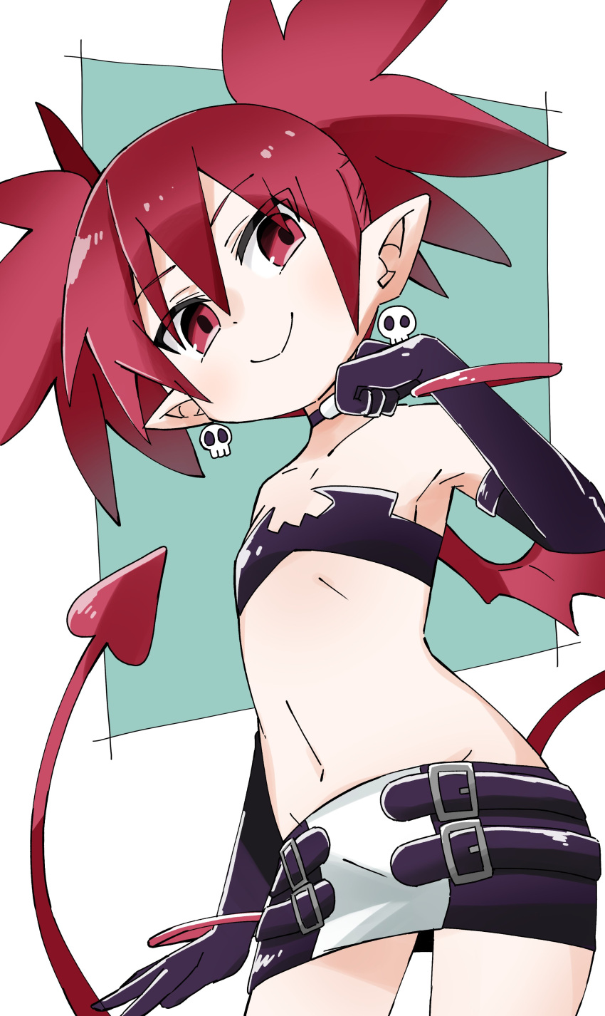 1girl absurdres bat_wings choker closed_mouth demon_girl demon_tail demon_wings disgaea earrings elbow_gloves etna_(disgaea) flat_chest gloves highres jewelry looking_at_viewer makai_senki_disgaea navel pointy_ears red_eyes red_hair simple_background skirt skull_earrings smile solo tail twintails white_background wings