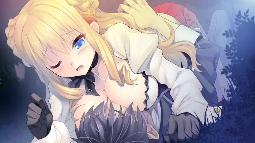 1girl between_breasts blonde_hair blue_eyes blush breast_press breasts cleavage game_cg gloves grass highres large_breasts long_hair lying on_stomach open_mouth skirt tokeijikake_no_ley_line:_asagiri_ni_chiru_hana tokeijikake_no_ley_line:_zan'ei_no_yoru_ga_akeru_toki tokeijikake_no_ley_line:_zan'ei_no_yoru_ga_akeru_toki urabi_(tomatohouse) wince