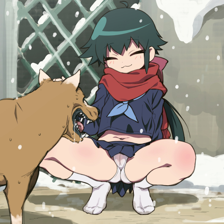 bestiality blue_uniform brown_body brown_fur butt canid canine canis clothing crouching digital_media_(artwork) domestic_dog duo female female_on_feral feral footwear fur green_hair hair hi_res human human_on_feral interspecies koyuki_azumaya light_body light_skin male male/female male_on_human mammal mayo_(artist) panties red_scarf scarf school_uniform sgt._frog snow socks underwear uniform white_clothing white_footwear white_panties white_socks white_underwear