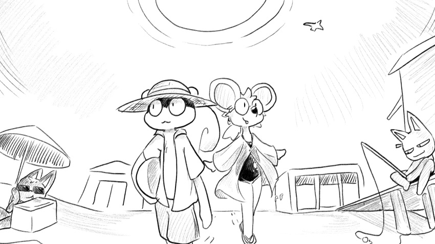 ambient_seagull animal_crossing anthro ball beach beach_ball beach_umbrella bob_(animal_crossing) clothed clothing dragonweirdo duo_focus eyewear female fishing fishing_rod flip_flops footwear glasses group hat headgear headwear hi_res inflatable katt_(animal_crossing) male marshal_(animal_crossing) nintendo one-piece_swimsuit open_clothing open_shirt open_topwear parasol petri_(animal_crossing) sandals seaside shirt sun sun_hat swimming_trunks swimwear topwear wearing_glasses wearing_sunglasses