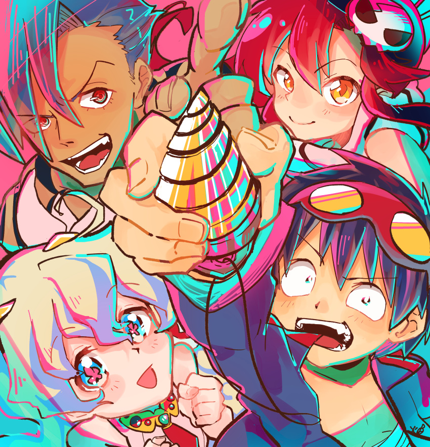 2boys 2girls absurdres bare_shoulders black_eyes black_hair blonde_hair blue_eyes blue_hair blue_jacket dress drill goggles goggles_on_head hair_between_eyes hair_ornament highres htk_mikan jacket kamina_(ttgl) long_hair looking_at_viewer multiple_boys multiple_girls necktie nia_teppelin open_clothes open_jacket open_mouth pink_dress red_hair red_necktie short_hair simon_(ttgl) skull_hair_ornament smile symbol-shaped_pupils teeth tengen_toppa_gurren_lagann upper_body yoko_littner