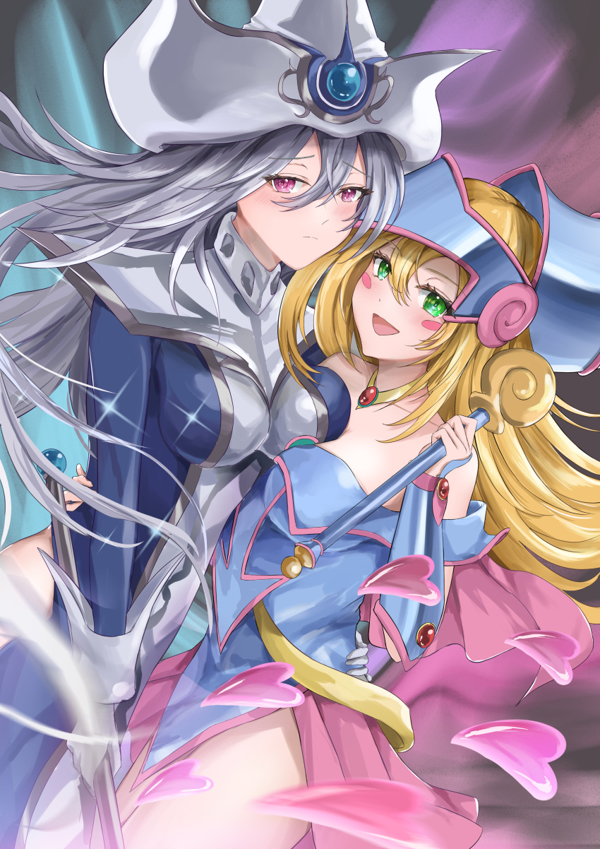 2girls :d absurdres arm_around_waist asymmetrical_docking bare_shoulders blue_headwear blush_stickers breast_press breasts closed_mouth dark_magician_girl duel_monster gloves green_eyes grey_hair hair_between_eyes hat heart highres holding holding_staff holding_wand long_hair looking_at_viewer misakura_aoi multiple_girls open_mouth red_eyes side_slit silent_magician smile staff wand white_gloves white_headwear wizard_hat yu-gi-oh! yu-gi-oh!_duel_monsters