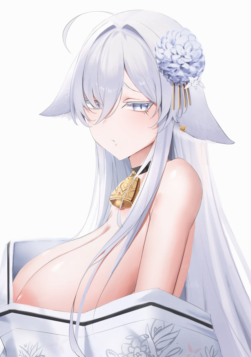 1girl absurdres ahoge animal_ears areola_slip bare_shoulders bell black_choker breasts choker cleavage commentary cowbell droopy_ears english_commentary first_one14 flower from_side hair_between_eyes hair_flower hair_ornament highres huge_breasts japanese_clothes kimono looking_at_viewer original puffy_nipples solo upper_body white_background white_eyes white_flower white_hair white_kimono white_theme